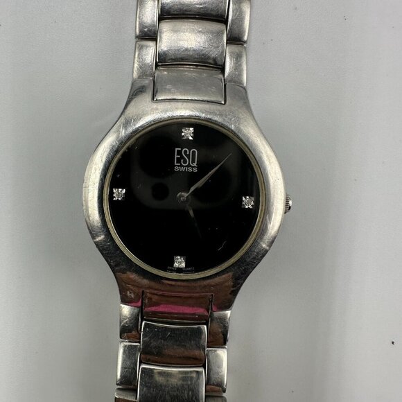 ESQ Swiss Watch Men Silver Tone Black Dial 36MM Round Broken Clasp New Battery - Picture 3 of 14